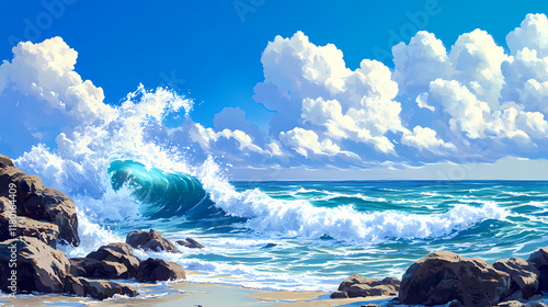 Waves crashing against rocky shore under a vibrant blue sky with fluffy clouds. Wavecrest. Illustration