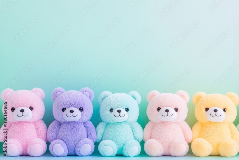 Set of five pastel teddy bears in rainbow colors, minimalistic toy design, isolated on gradient background, children’s plush toys collection, cute soft bear dolls
Set of five pastel teddy bears in rainbow colors, minimalistic toy design, isolated on gradient background, children’s plush toys collection, cute soft bear dolls