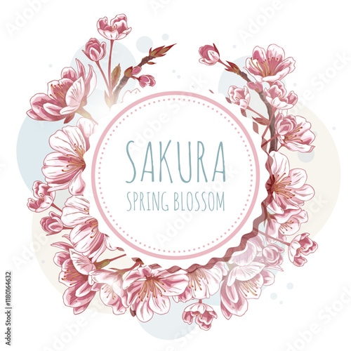 Cherry blossom twig sketch round label design with lettering, vector hand drawn spring Sakura pink flower bloom branch