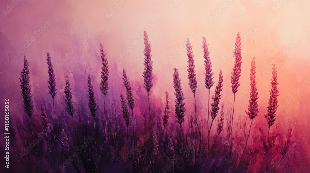 Fototapeta premium Abstract lavender stems dissolve into mist in calming hues