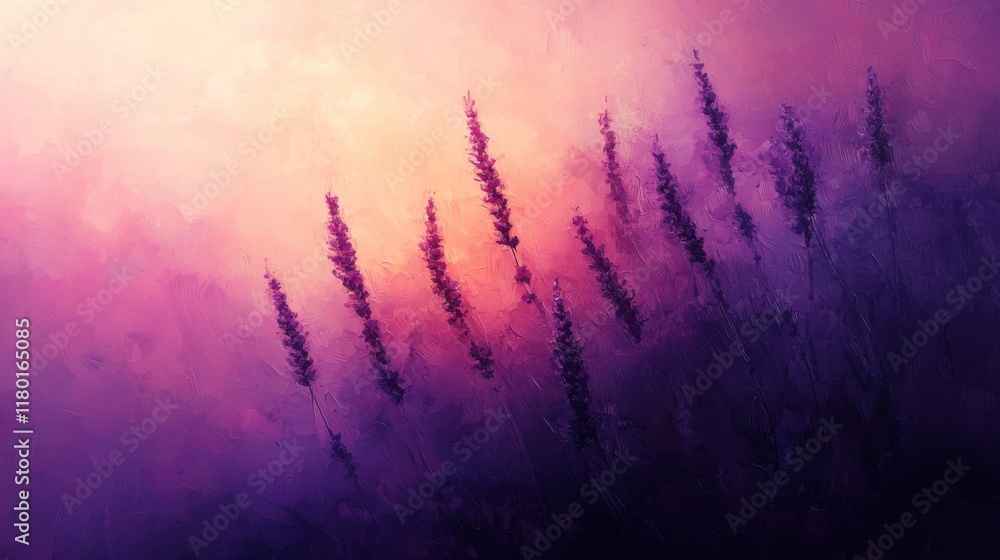 Abstract lavender stems dissolve into mist in calming hues