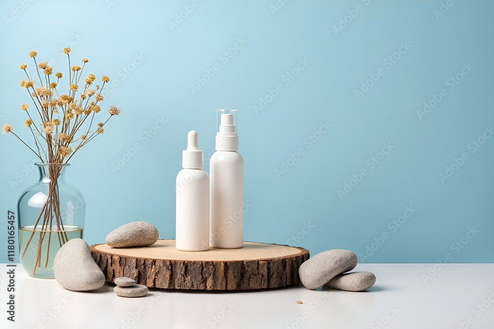A sophisticated illustration of a minimalist product display on a wood slice podium, surrounded by dry flowers and stones, with a clean blue background that enhances the focus on new cosmetic A sophisticated illustration of a minimalist product display on a wood slice podium, surrounded by dry flowers and stones, with a clean blue background that enhances the focus on new cosmetic