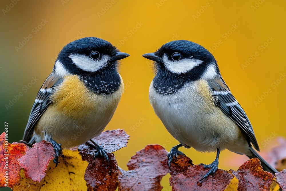 Obraz premium Two birds sitting on top of a leaf-covered branch, great for nature and wildlife photography