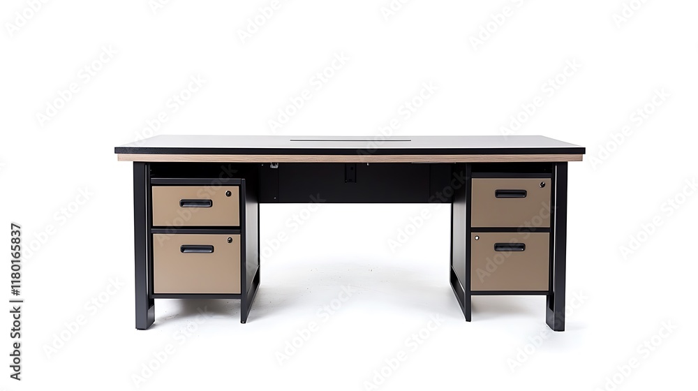 A brown and black desk with three drawers A brown and black desk with three drawers