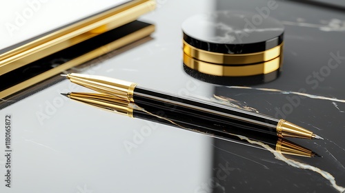 Black gold pen, marble desk, luxury stationery, office background, product shot photo