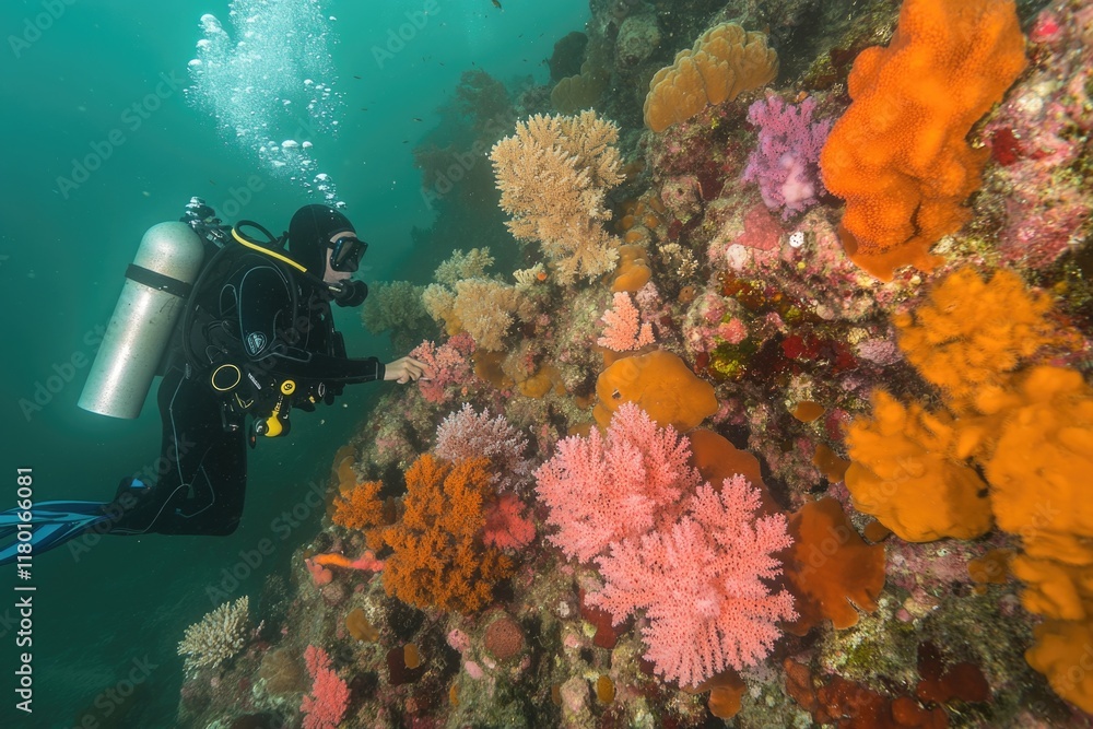 Fototapeta premium A person in a scuba suit is swimming near a coral reef, suitable for use in travel or nature-related contexts