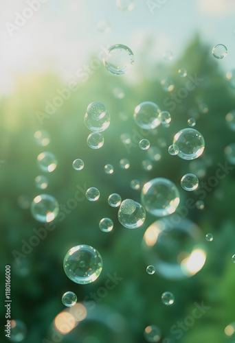 Wallpaper Mural Soap bubbles floating in the air against a green background. Summer fun, childhood, playful atmosphere, outdoor activity, bokeh Torontodigital.ca