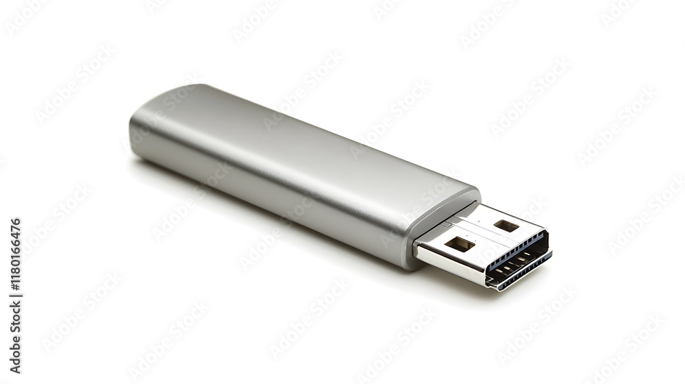 A silver USB flash drive with a white background A silver USB flash drive with a white background