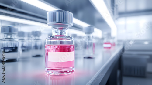 World Cancer Day oncology cure concept. Lab vials with pink liquid on a sterile surface in a modern laboratory setting.