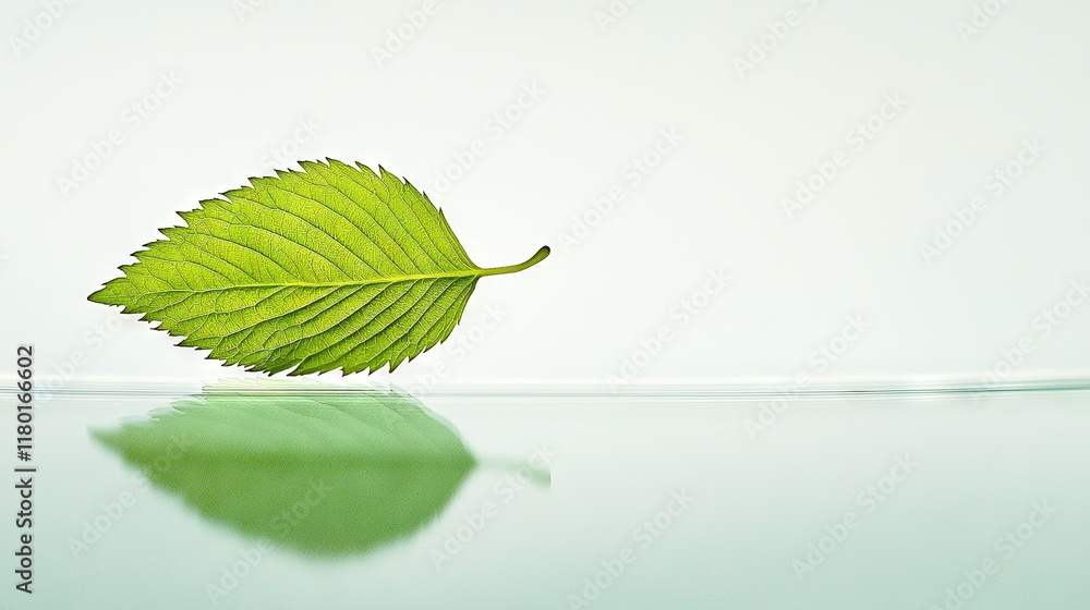 Fototapeta premium A green leaf on a reflective surface with a white wall in the background and another white wall behind it