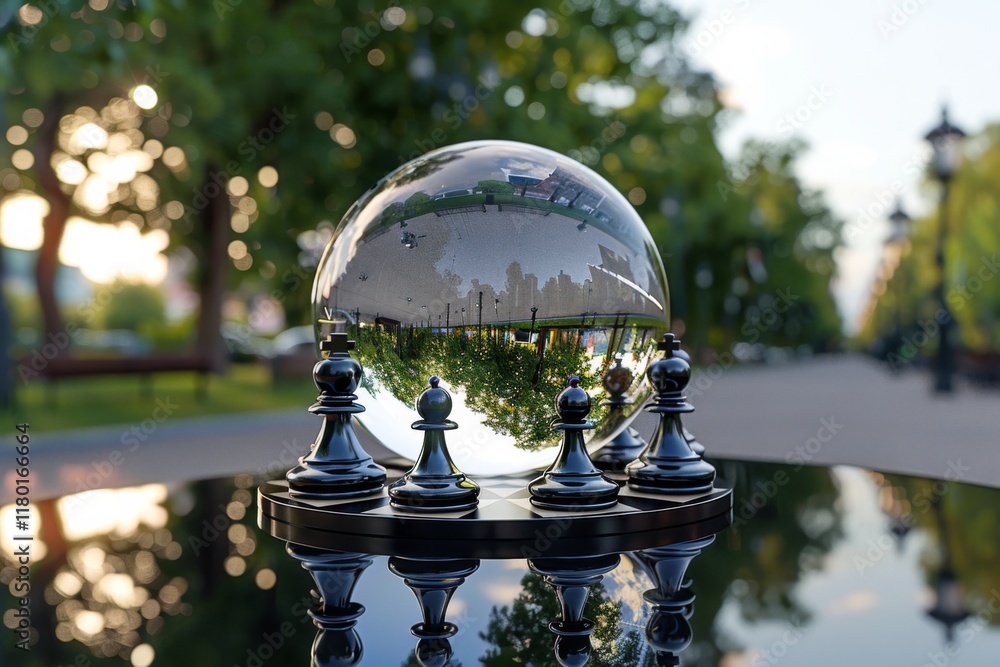 Obraz premium Chess pieces reflect a vibrant park scene under the evening light in this artistic display of strategy and nature