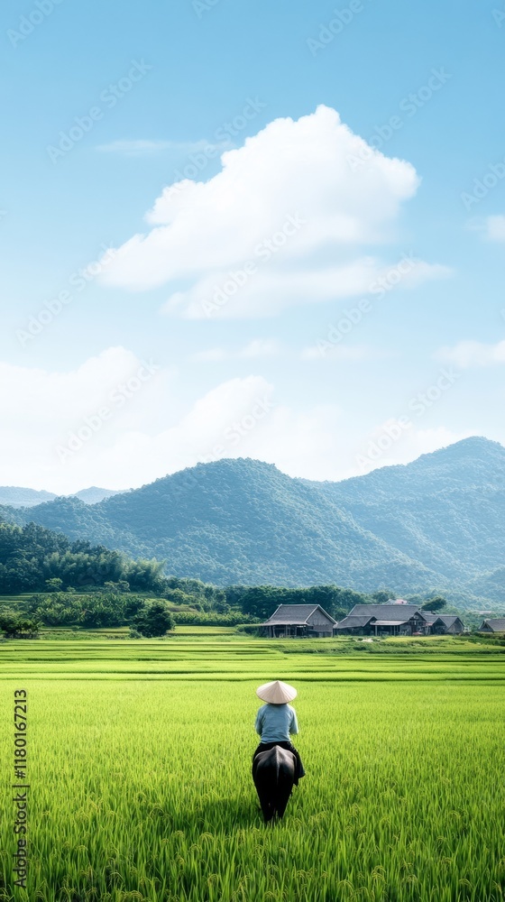 A rustic Tet background showing a farmer riding a water buffalo through rice paddies with a small village preparing for the New Year in the background 
