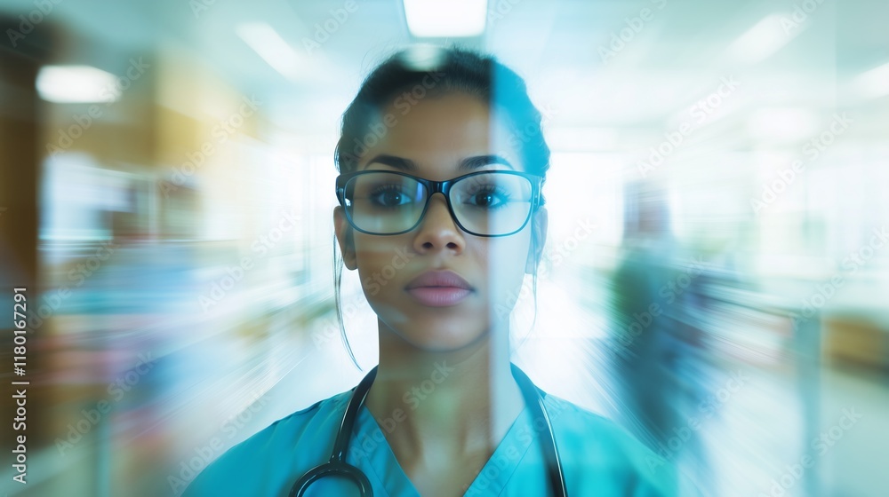 Fototapeta premium A medical professional, wearing glasses, is seen in a health facility.