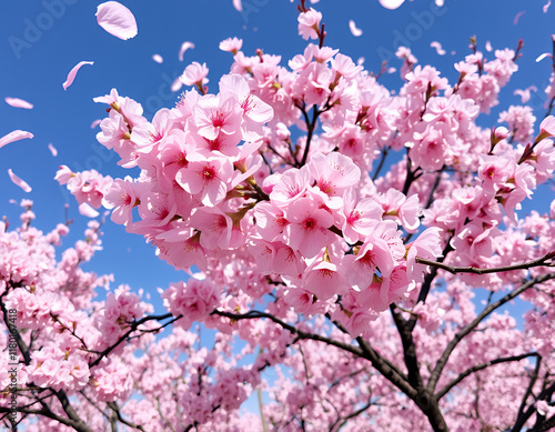 Certainly! Here's a sentence describing the image using the provided words:

Delicate pink cherry blossoms bloom in springtime, painting the branches of the sakura tree against a vibrant blue sky, a b photo