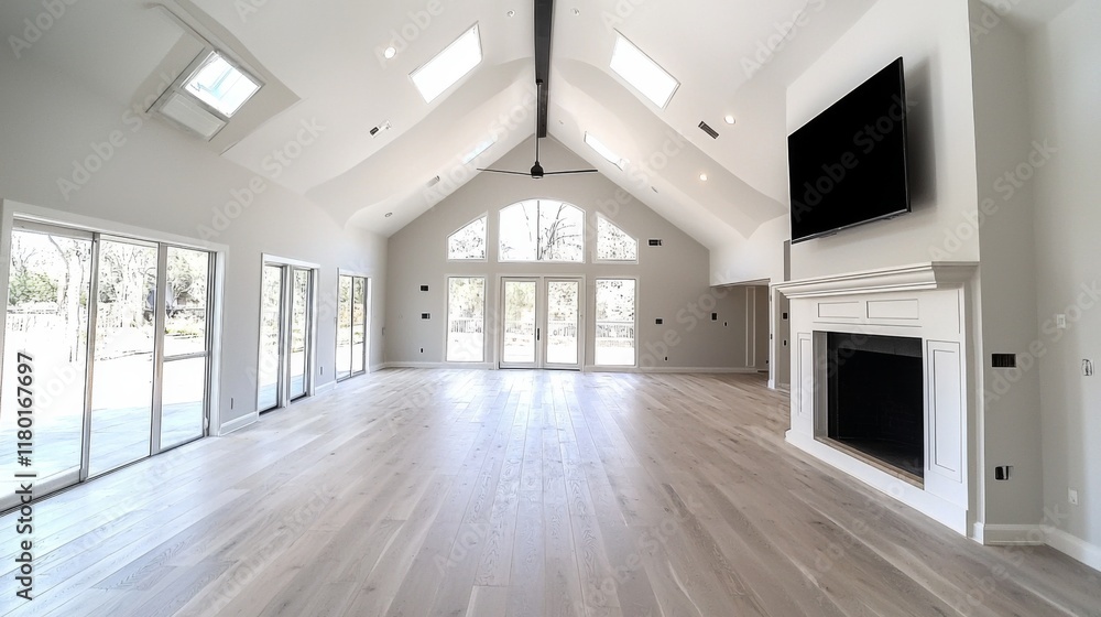 Obraz premium Modern open concept living space with large windows and natural light in a spacious home