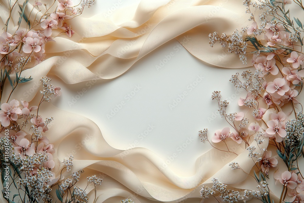 Fototapeta premium A decorative arrangement of soft fabric and flowers framing a blank space for text or images.