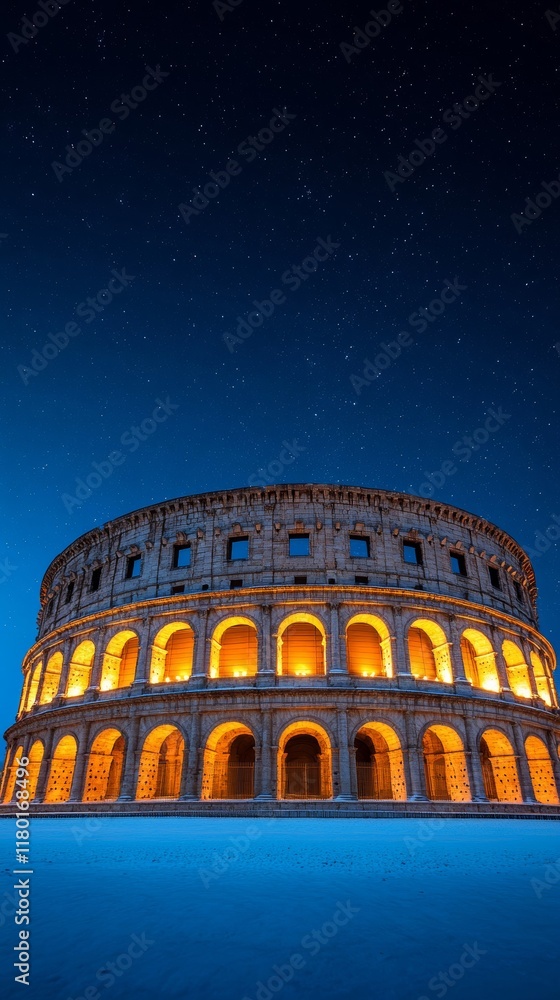Naklejka premium A snow covered Roman amphitheater in Verona Italy with glowing Christmas lights strung around its arches and a starry winter sky above 