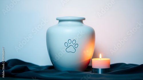 Gentle white ceramic pet urn for ashes, soothing mood, rounded shape with paw print, illuminated by candlelight against a soft backdrop, copy space photo