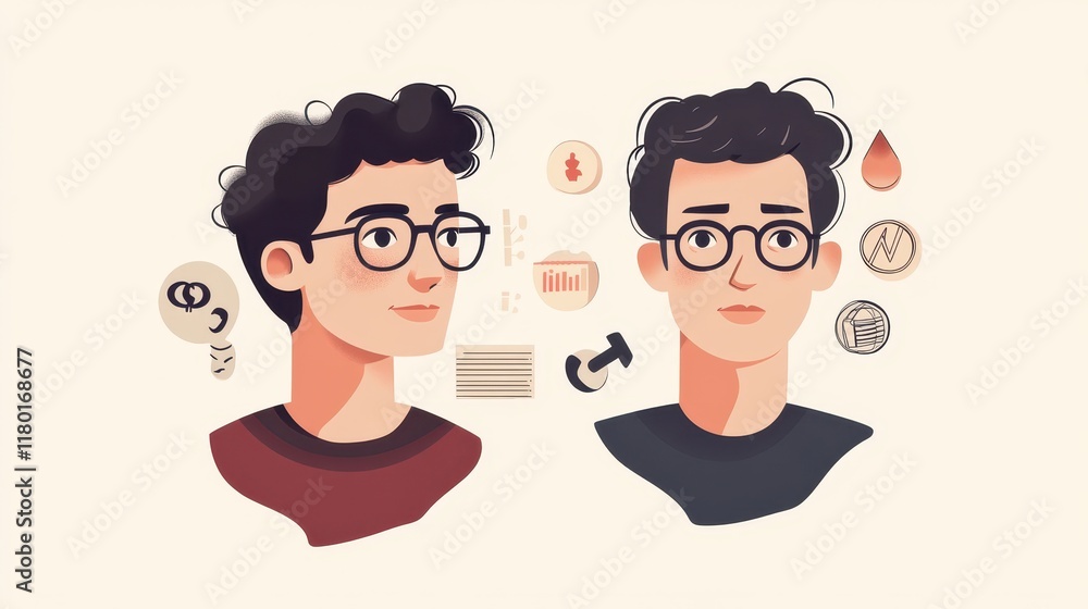 Two Young Men with Glasses Pondering Ideas and Data Two Young Men with Glasses Pondering Ideas and Data