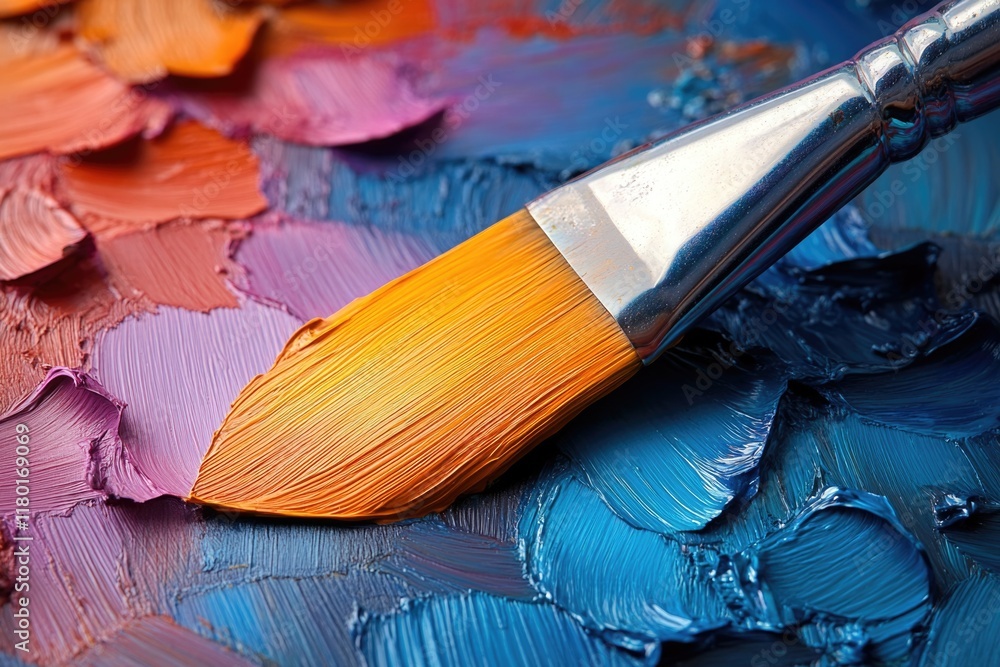 A detailed view of a paint brush resting on an artist's palette, ready for the next creative stroke A detailed view of a paint brush resting on an artist's palette, ready for the next creative stroke