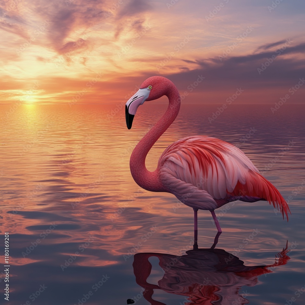 Fototapeta premium A single flamingo standing in calm water during a beautiful sunset