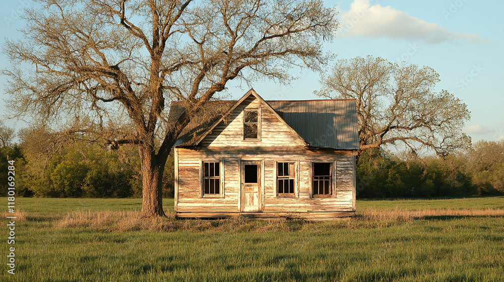 Obraz premium Old rustic retro small wooden house or cottage home building in the rural countryside village field with a tree. exterior outdoor view of abandoned traditional vintage architecture, farmland field hut
