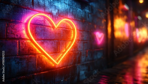 Heart-shaped neon lights glowing on a brick wall
