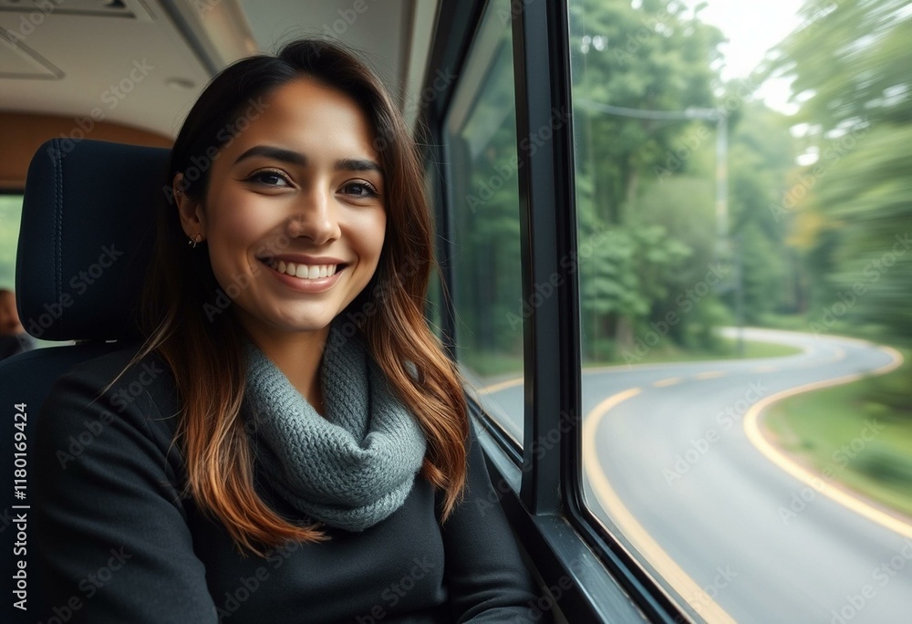 Female passenger in a bus, smiling, looking out the window Female passenger in a bus, smiling, looking out the window