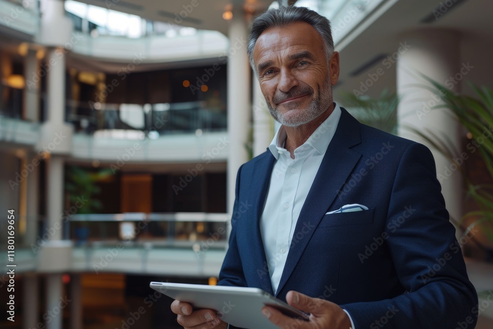 Confident CEO in office with digital tablet portrait. Confident CEO in office with digital tablet portrait.