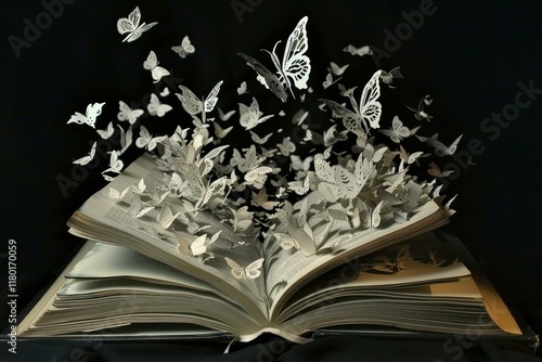 Open book releases a swarm of white butterflies against a dark background, creating a magical and surreal atmosphere