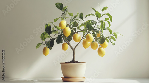 Small lemon tree fruit plant with yellow lemons hanging, placed in a pot isolated on a white background. citrus summer fruit branch, garden agriculture growing of mediterranean foods.