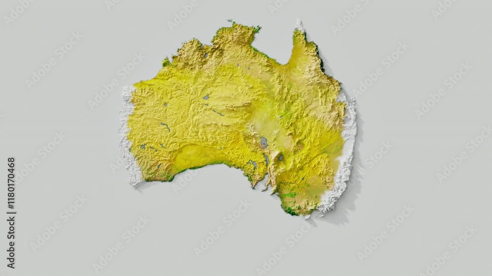 Layered view of a detailed topographic map of Australia. Height
