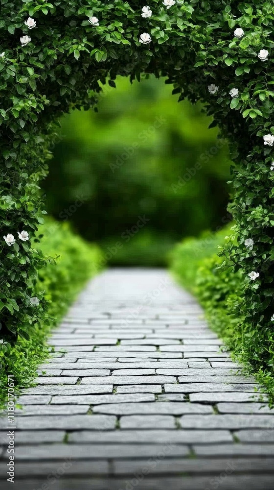 A whimsical spring background with a cobblestone path winding through a blooming garden framed by rose bushes and delicate ivy A whimsical spring background with a cobblestone path winding through a blooming garden framed by rose bushes and delicate ivy