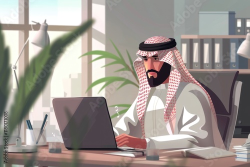 A saudi character sites at the desk using laptop with different positions on withe background photo