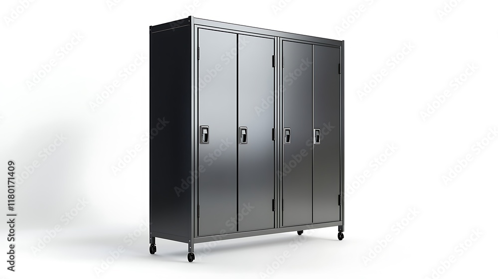 A large metal locker room cabinet with four doors A large metal locker room cabinet with four doors