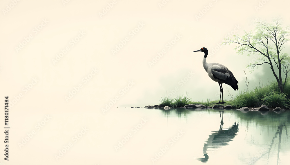 Fototapeta premium Crane standing by calm water with greenery backdrop