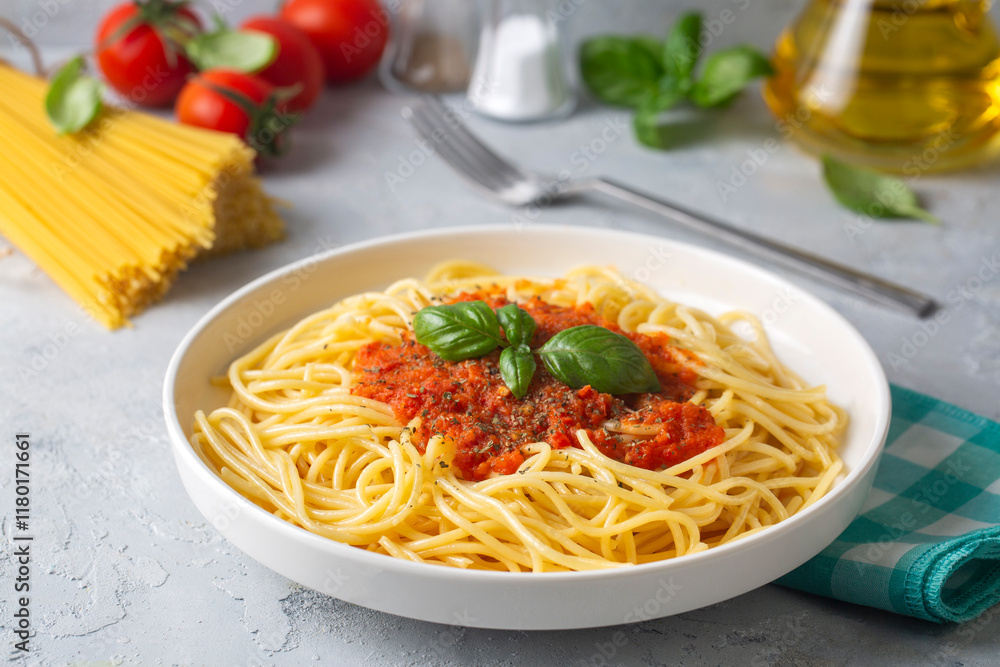Tasty appetizing classic italian spaghetti pasta with tomato sauce Tasty appetizing classic italian spaghetti pasta with tomato sauce