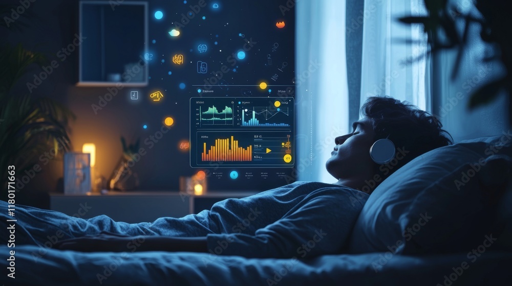 Obraz premium Sleep tracking app user in bed with sleep stages infographic