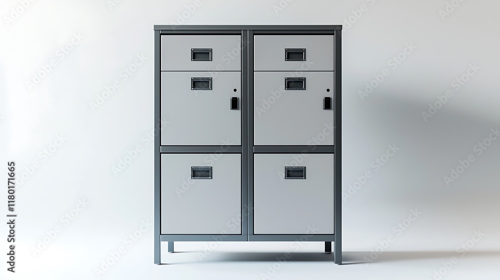 A four drawer metal cabinet with a silver color A four drawer metal cabinet with a silver color