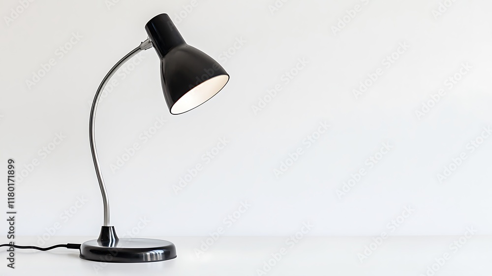 A black lamp with a white shade sits on a white table A black lamp with a white shade sits on a white table