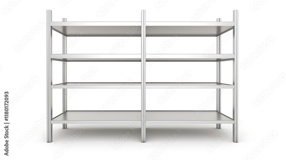 A tall metal shelf with four shelves A tall metal shelf with four shelves