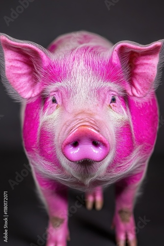 A pink pig with a bright pink nose on a black background photo