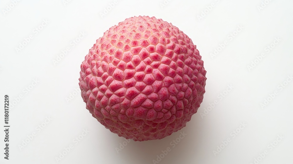 Lychee with light pink skin and dimpled texture sits on white surface, lit from above. Displayed in full focus from directly above. Lychee with light pink skin and dimpled texture sits on white surface, lit from above. Displayed in full focus from directly above.
