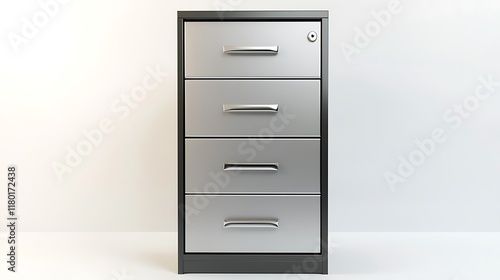 A silver four drawer filing cabinet with a silver handle photo