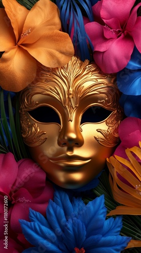 Dynamic Carnival abstract featuring golden masks surrounded by bright tropical flowers and rainbow ribbons on a dark glowing background 