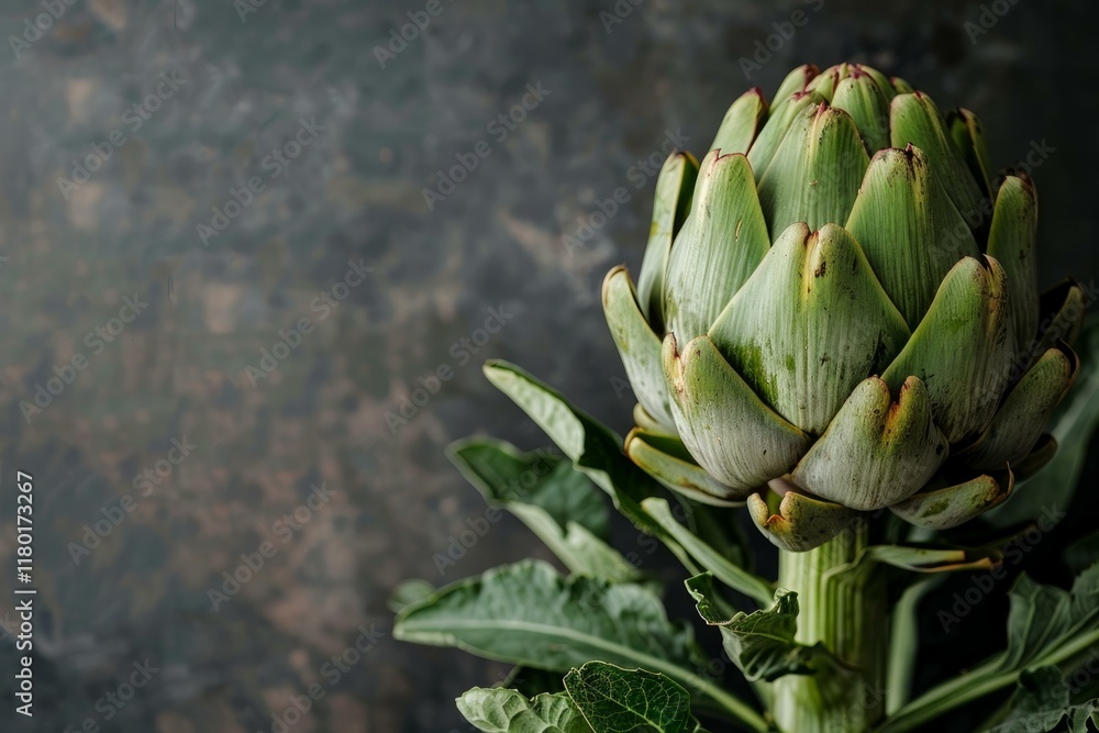 Close up of a fresh artichoke growing on a dark background, offering ample copy space for culinary or agricultural themes Close up of a fresh artichoke growing on a dark background, offering ample copy space for culinary or agricultural themes