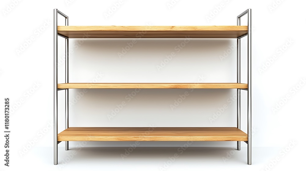 A wooden shelf with three shelves and a metal frame A wooden shelf with three shelves and a metal frame