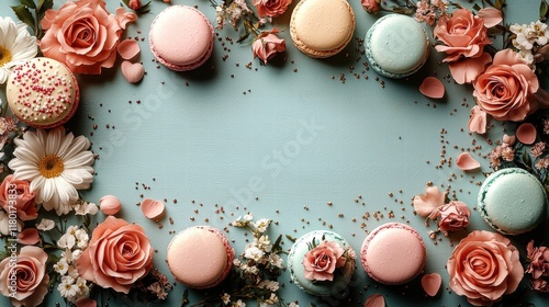 Floral Macaron Frame: A delicate arrangement of pastel macarons and blossoms creates a charming frame, inviting your message or product to take center stage.