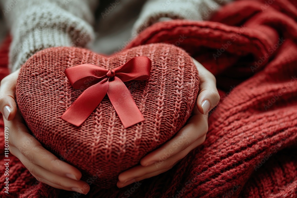 A person holds a knitted heart-shaped gift box with a ribbon, surrounded by a cozy blanket. A person holds a knitted heart-shaped gift box with a ribbon, surrounded by a cozy blanket.