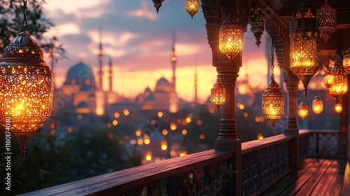 Sunset over a mosque with hanging lanterns at dusk photo